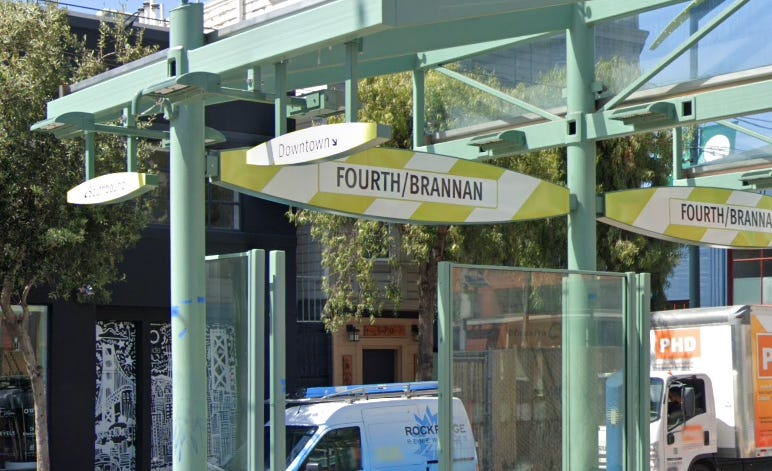 google maps image showing the Fourth/Brannan platform sign