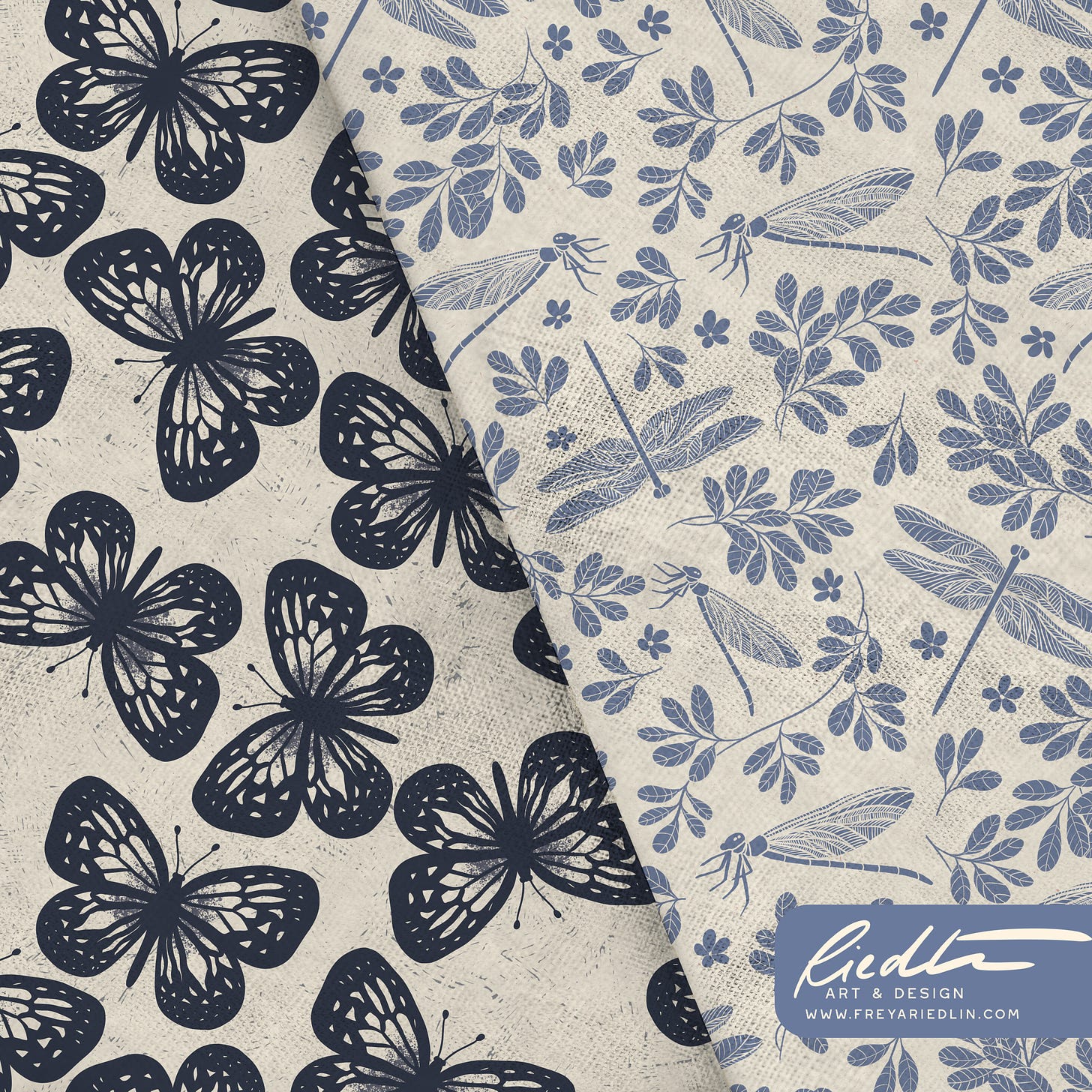Two folded, diagonally overlapping fabrics. The bottom fabric is off-white, with a dark navy butterfly ditsy pattern. The top fabric has an off-white base, with a medium blue ditsy pattern of hand-drawn dragonflies, branches of leaves, and tiny flowers. 