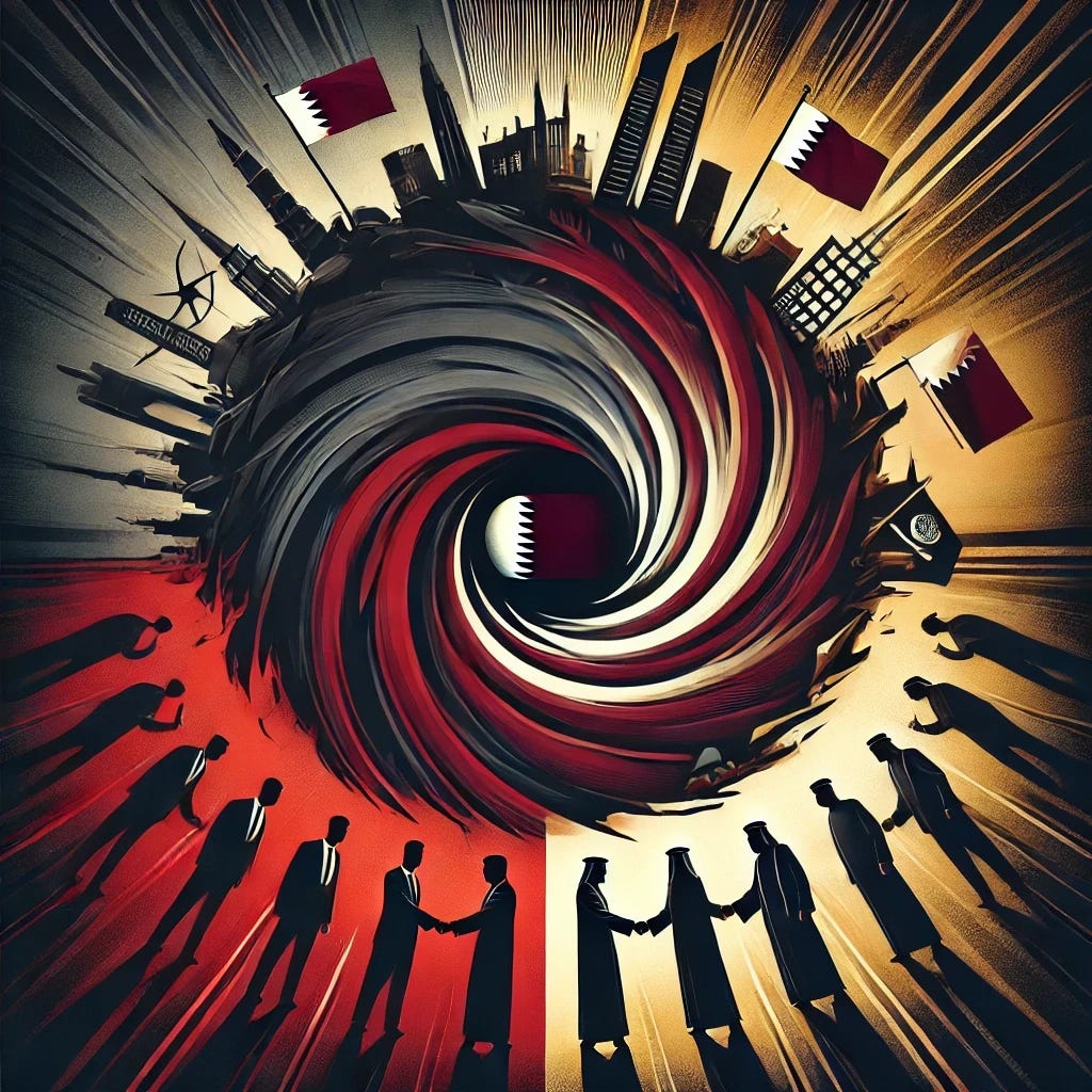 An abstract digital painting representing Qatar’s foreign policy challenges and its impact on regional stability, set against a maroon background with a broad white serrated band (nine white points) on the hoist side. The artwork features a dark vortex at the center, symbolizing political and financial influence. Silhouetted figures in the shadows represent extremist groups receiving covert support. The background is divided: one side with fragmented alliances, symbolized by broken bridges, and the other with glowing handshakes, representing emerging regional unity without Qatar. The color scheme integrates maroon and white, maintaining deep reds, dark grays, and sharp gold contrasts to highlight conflict, diplomacy, and division.
