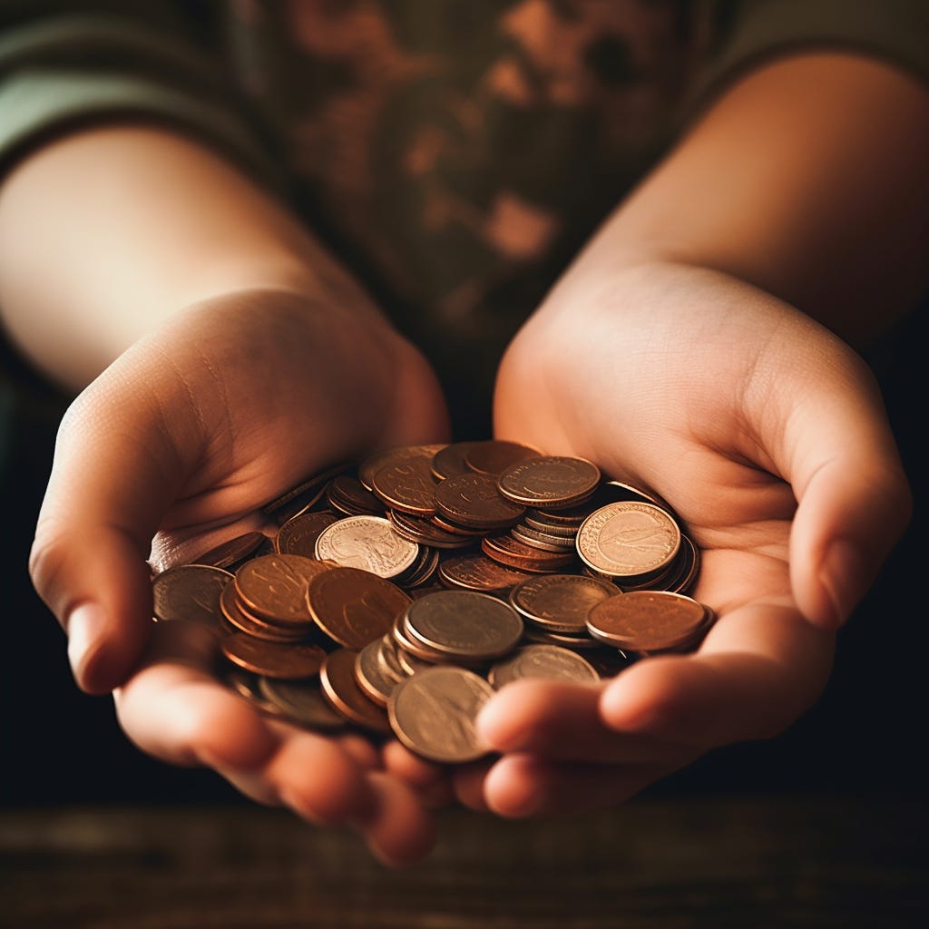 Two hands holding a bunch of pennies