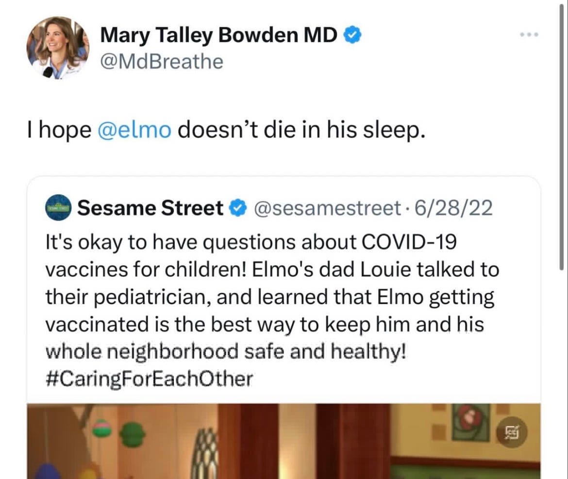 Screenshot of Mary Talley Bowden tweeting the above quote fantasizing about Elmo's death