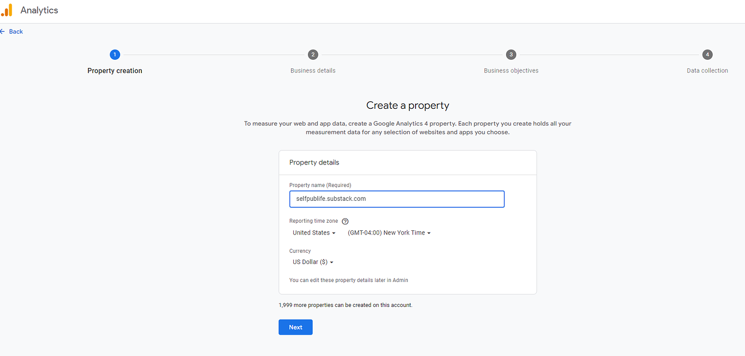 GA4 Create a property screenshot