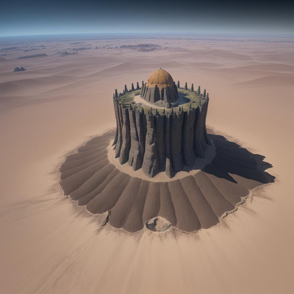 A giant evil fortress shaped like a spider, sitting in the middle of a crater in the desert