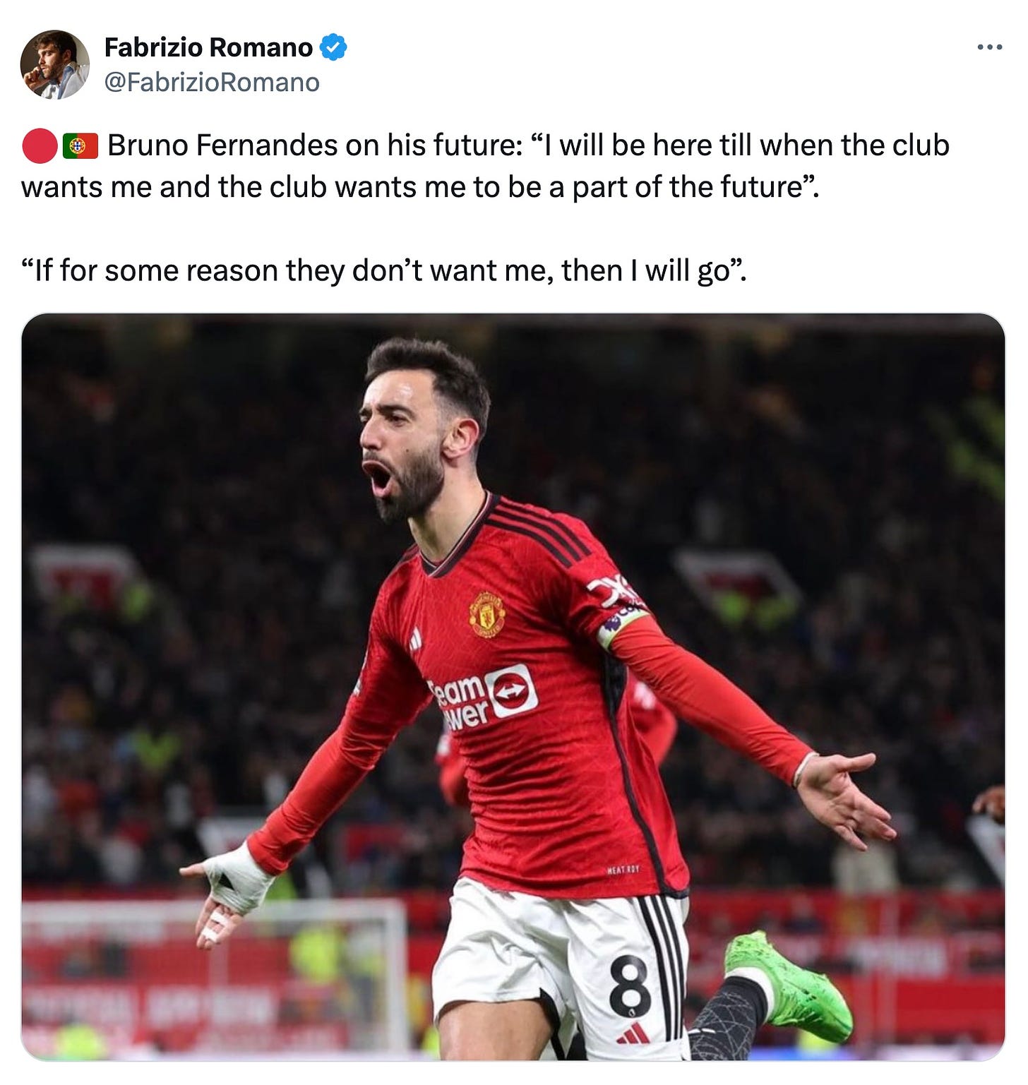 A tweet by Fabrizio Romano featuring a quote from Bruno Fernandes
