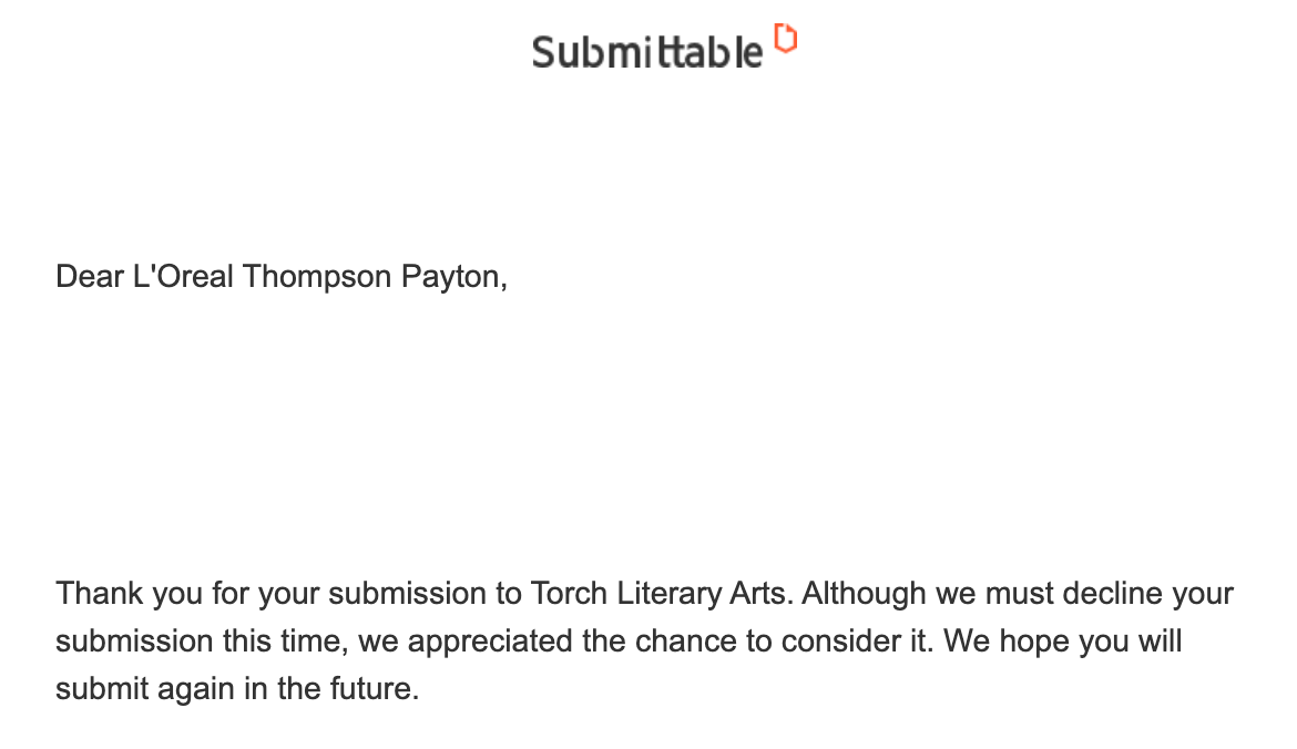 Screenshot of a rejection to a literary arts magazine