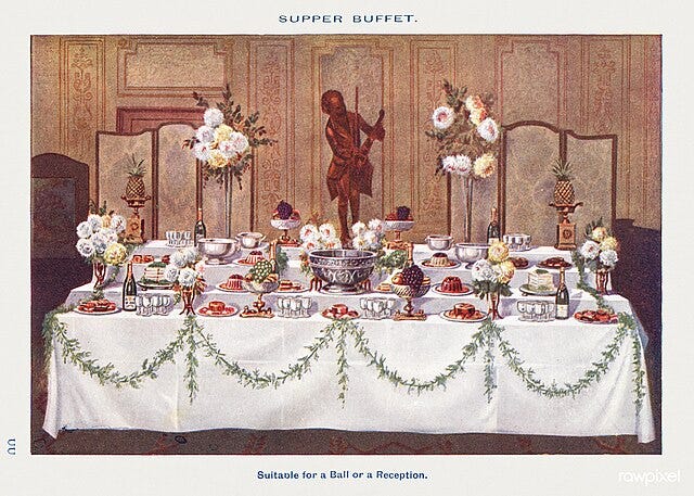 An illustration of a buffet from a 1923 entertaining guide. A bunch of platters on a table with white tablecloth