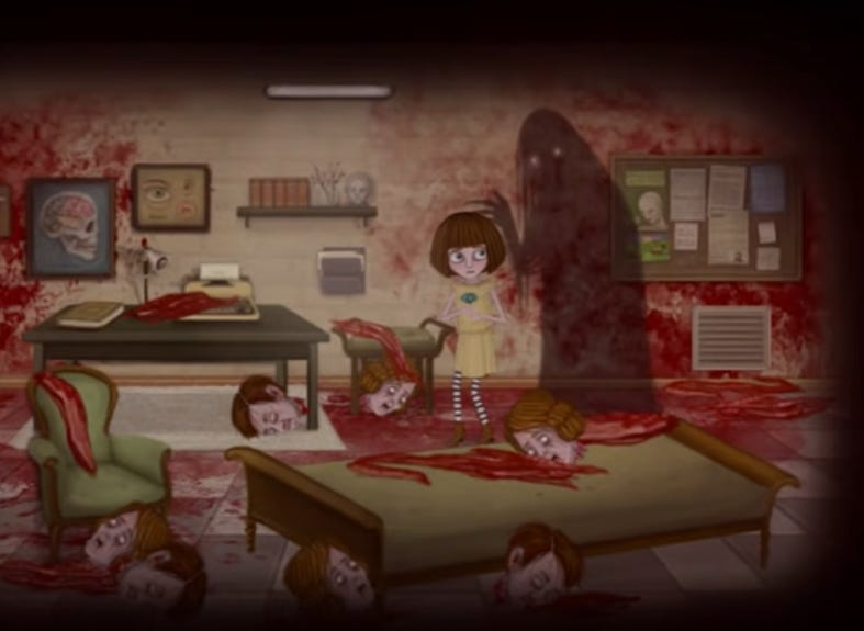 A view of the same room moments later after Fran has taken the Duotine. The room is now missing an Exit door, and Fran is there alone, looking alarmed. A terrifying shadow monster stands beside her, and strewn all around the room are the severed heads of her parents from the opening cinematic, various scraps of meat, and lots of blood. 