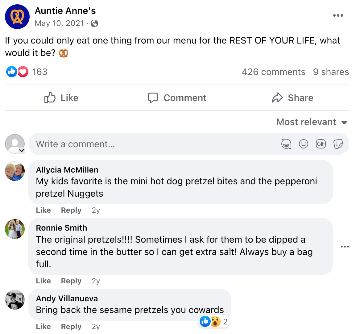 example FB post from auntie anne's that asks "if you could only eat one thing from our menu for the rest of your life what would it be?"