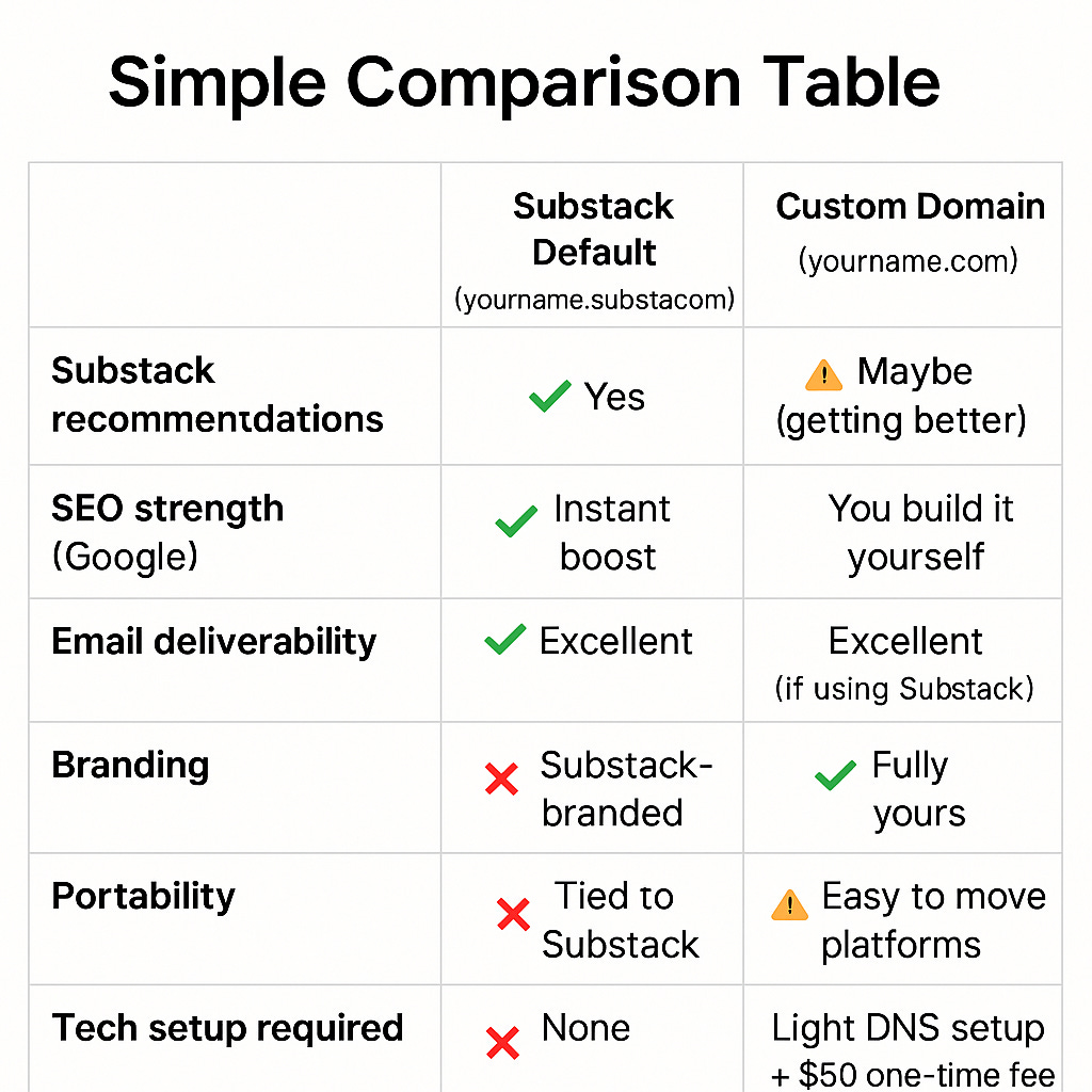 a simple domain setup comparison table for deciding whether or not to set up a custom domain on substack