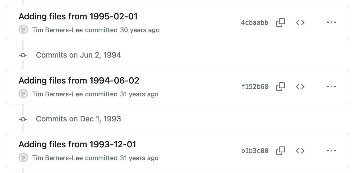 Three commits credited to Tim Berners-Lee, in 1995, 1994 and 1993