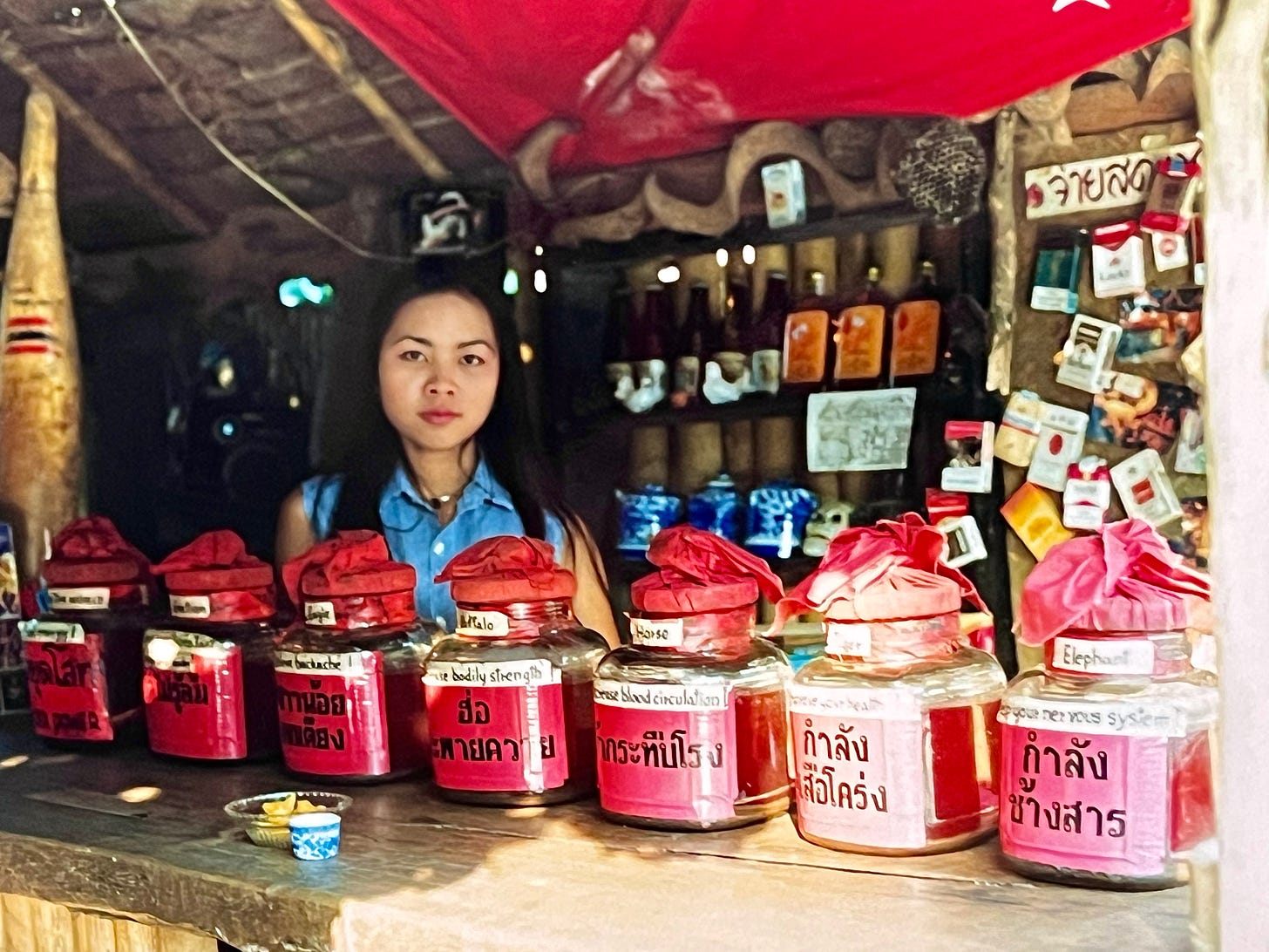 A young woman stares into the camera from behind a small wood and straw built roadside stall. On the table in front of her are a selection of large glass jars, containing a home-made spirit-based alcoholic drink called ya dong. After purchasing one particular offering from the selection, I experienced a priapism for two days. I can't quite remember how much 'fun' this was. I'll need to re-check my diary's.