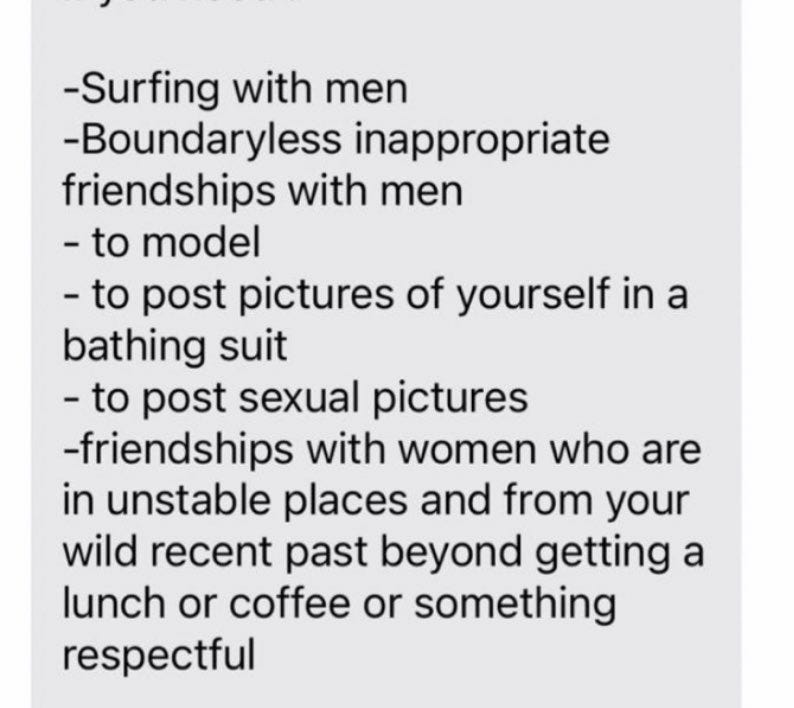 List of things she is not supposed to do, like "surfing with men" "to model" friendships with women who are in unstable places"