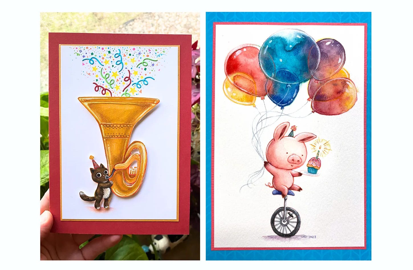 Two birthday cards illustrated by Alyssa Sinnen. On the left, a cat wearing a party hat plays an enormous tuba, from which a burst of confetti comes forth. On the right, a pig riding a unicycle holds a cupcake and a bunch of balloons.
