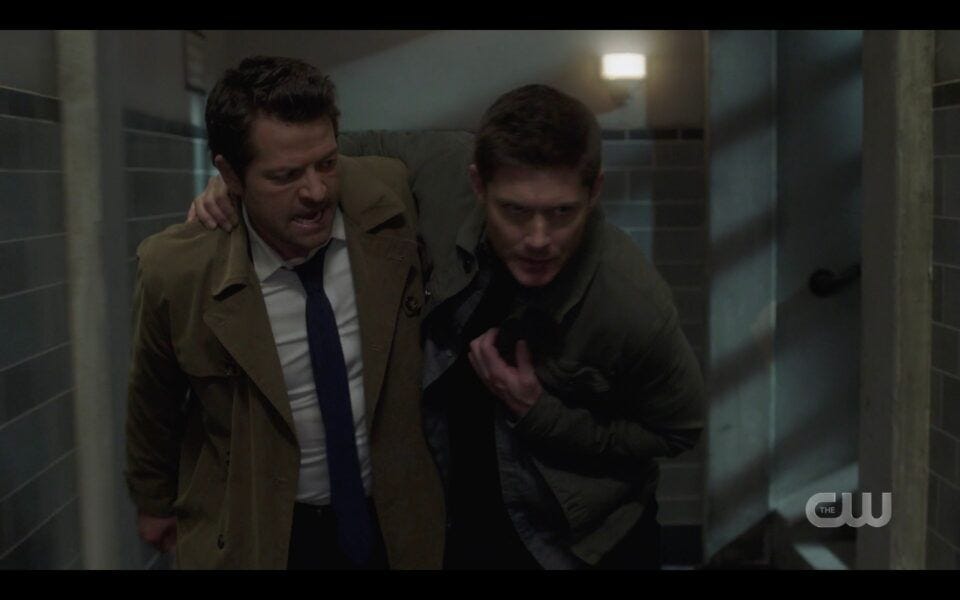 Supernatural Castiel helping heart attack Dean Winchester down hall after Billie