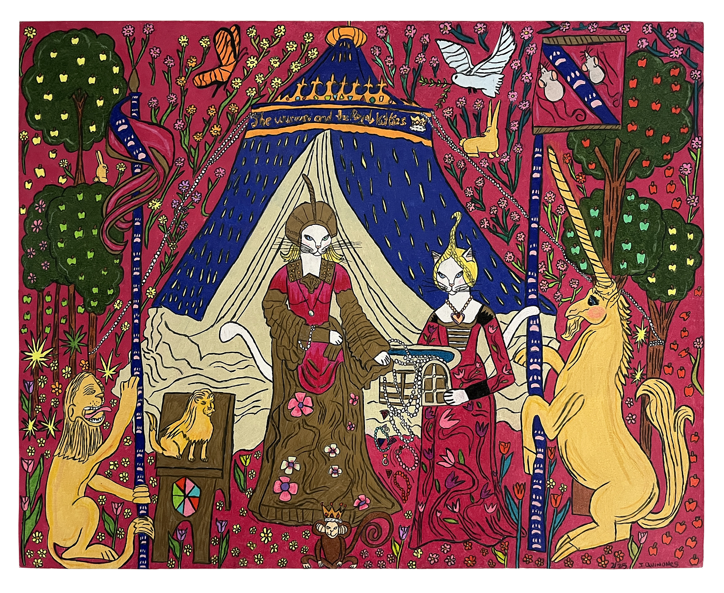 An elaborate drawing of two femme cat-people surrounded by mystical creatures and lush fabrics.