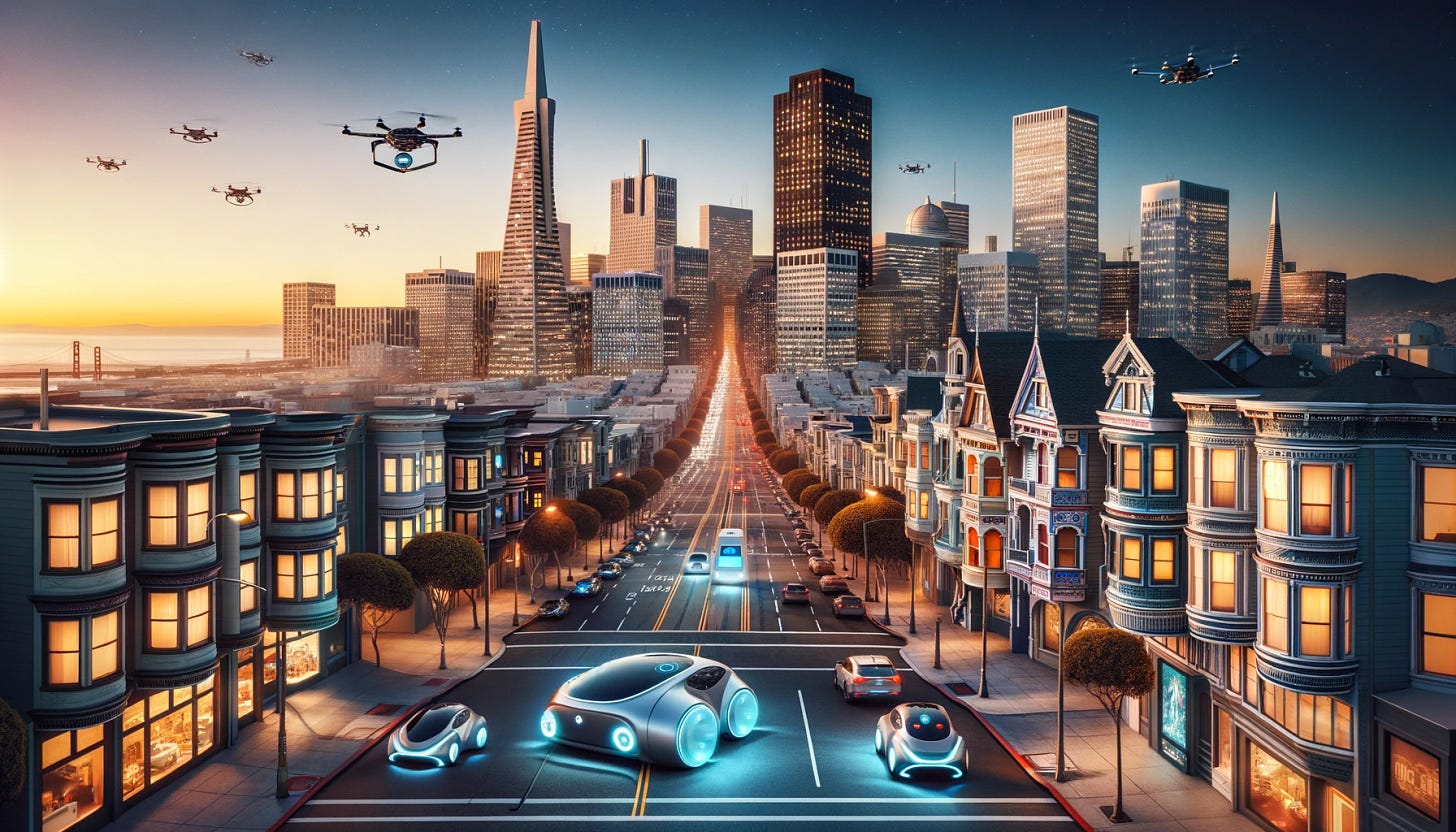 A panoramic view of a futuristic San Francisco, accentuating the expanse of the city. Self-driving cars with advanced, streamlined designs are cruising along the wide streets, some shaped like high-tech capsules, others with sharp, cutting-edge contours. Towering skyscrapers with curved glass facades rise beside the iconic, preserved Victorian houses that hallmark San Francisco's architectural heritage. Above, drones dot the sky like stars, and holographic billboards flicker with vivid advertisements. The scene is set against the backdrop of an early evening sky, where the setting sun casts a radiant orange glow over the bustling cityscape, bringing the city to life with a vibrant array of lights from buildings to street-level.