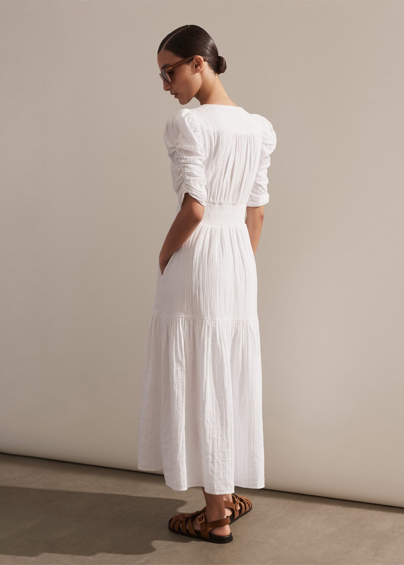 Cheesecloth Gathered Sleeve Maxi Dress 