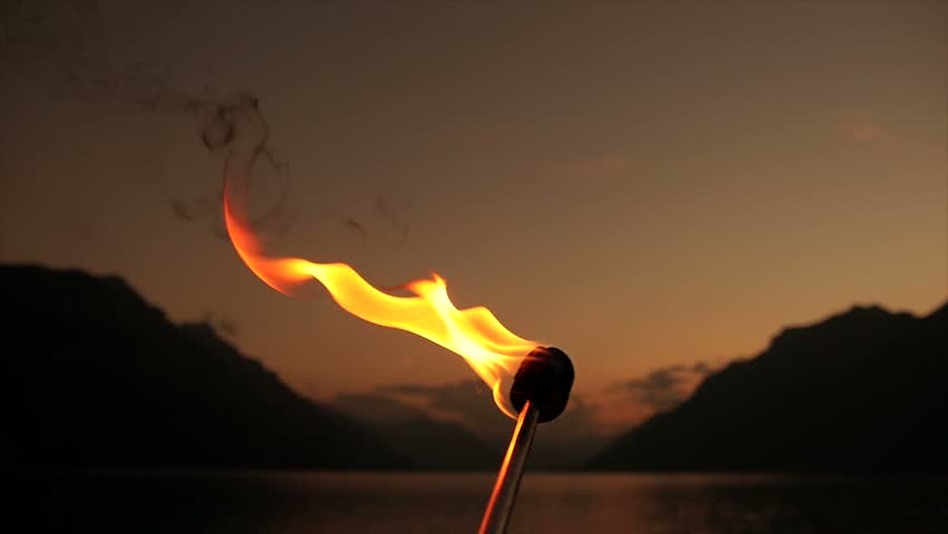 Fire Torch Burning At Night In Slow Motion. Romantic Flame Background ...