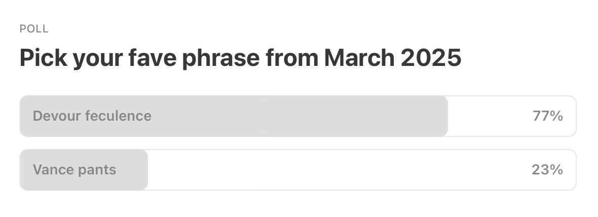 Poll results showing "devour feculence" winning against "Vance pants"