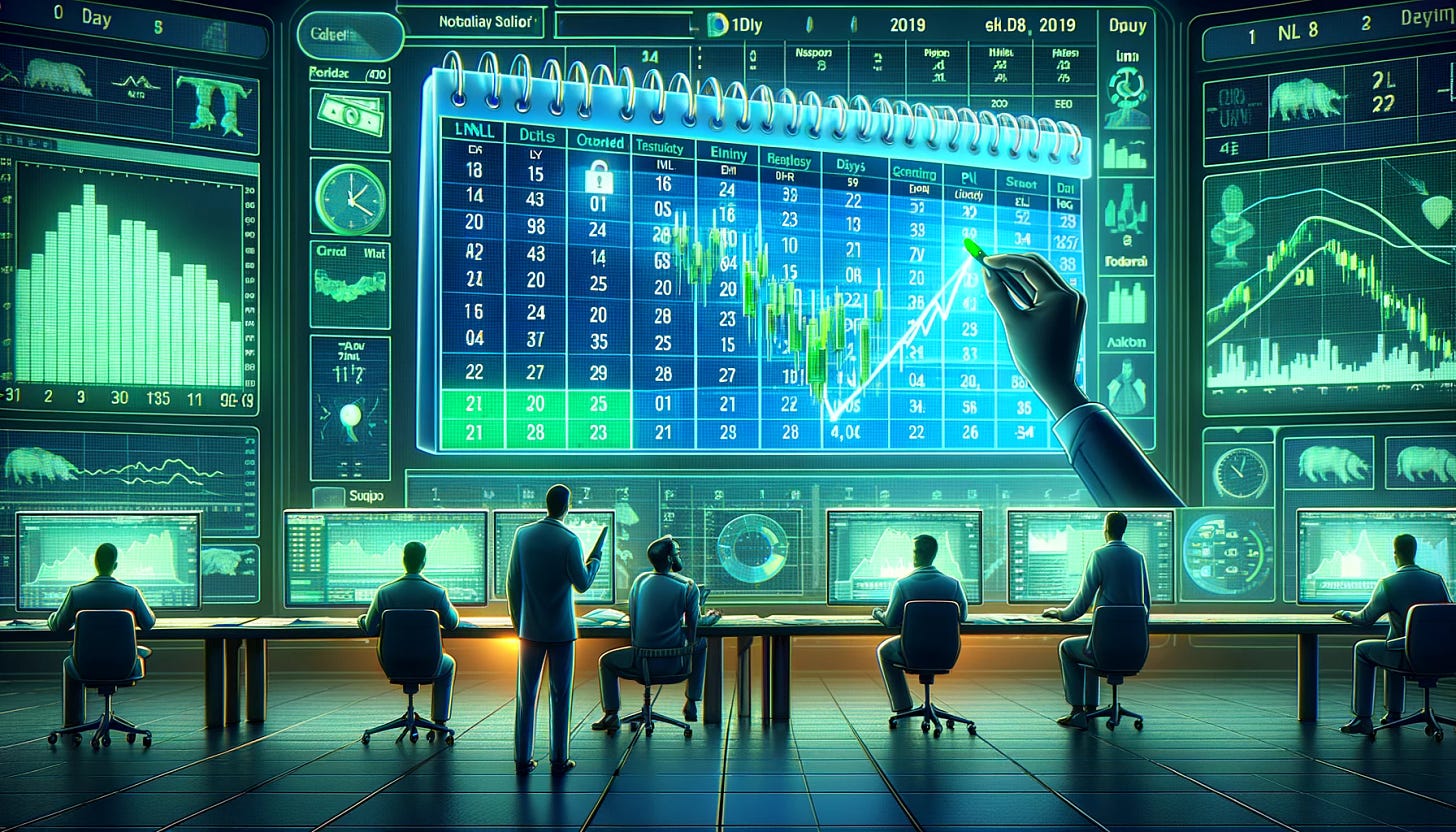 Revise the financial strategy scene to emphasize green tones more than blue. Place a larger, more prominent calendar or timeline at the forefront, symbolizing its crucial role in decision-making for the covered call strategy. Retain the detailed PnL chart in the background, but adjust its color scheme to include more green. On one side, depict a person analyzing the calendar while selecting equities from a digital display, highlighting the significance of time in strategy building. On the other side, show traders or scientists adjusting knobs and dials on a dashboard, with the adjustments visibly influenced by the calendar's information. The scene should look dynamic, professional, with a stronger emphasis on the role of time management.