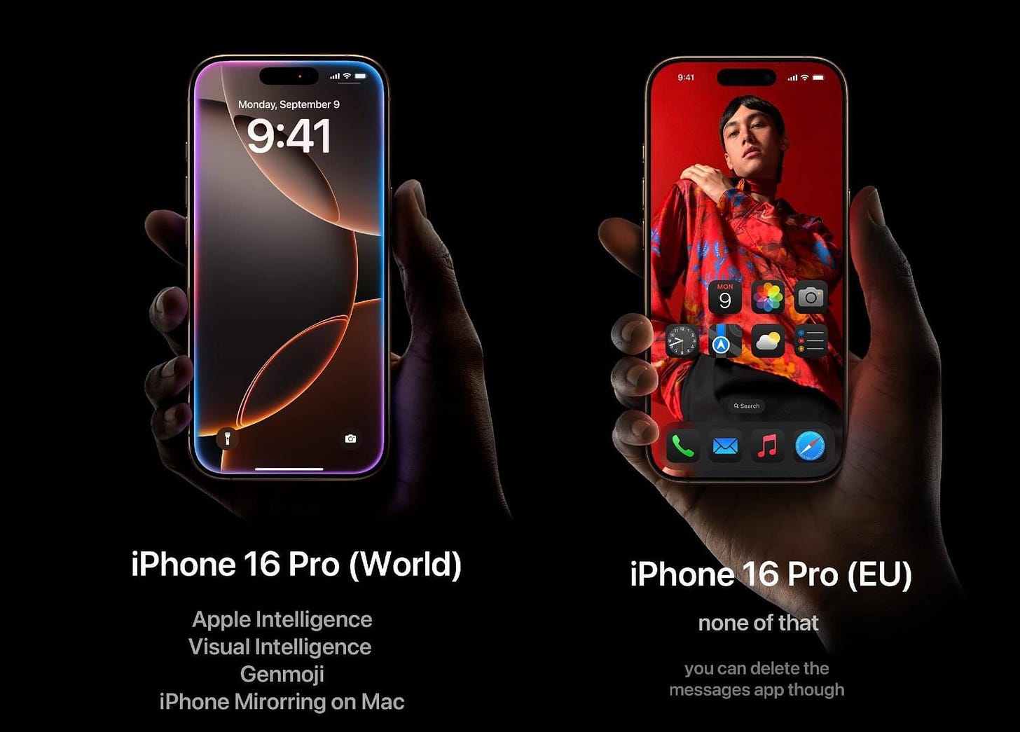 Na obrázku môže byť 1 osoba, telefón a text, v ktorom sa píše „l 비우 Monday.September9 Monday, September9 9:41 9:41 - ট iPhone 16 Pro (World) iPhone Apple Intelligence Visual Intelligence Genmoji iPhone Mirorring on Mac iPhone 16Pro 16 Pro (EU) none noneofthat of that youcandeletethe deleteth messagesappthough app“