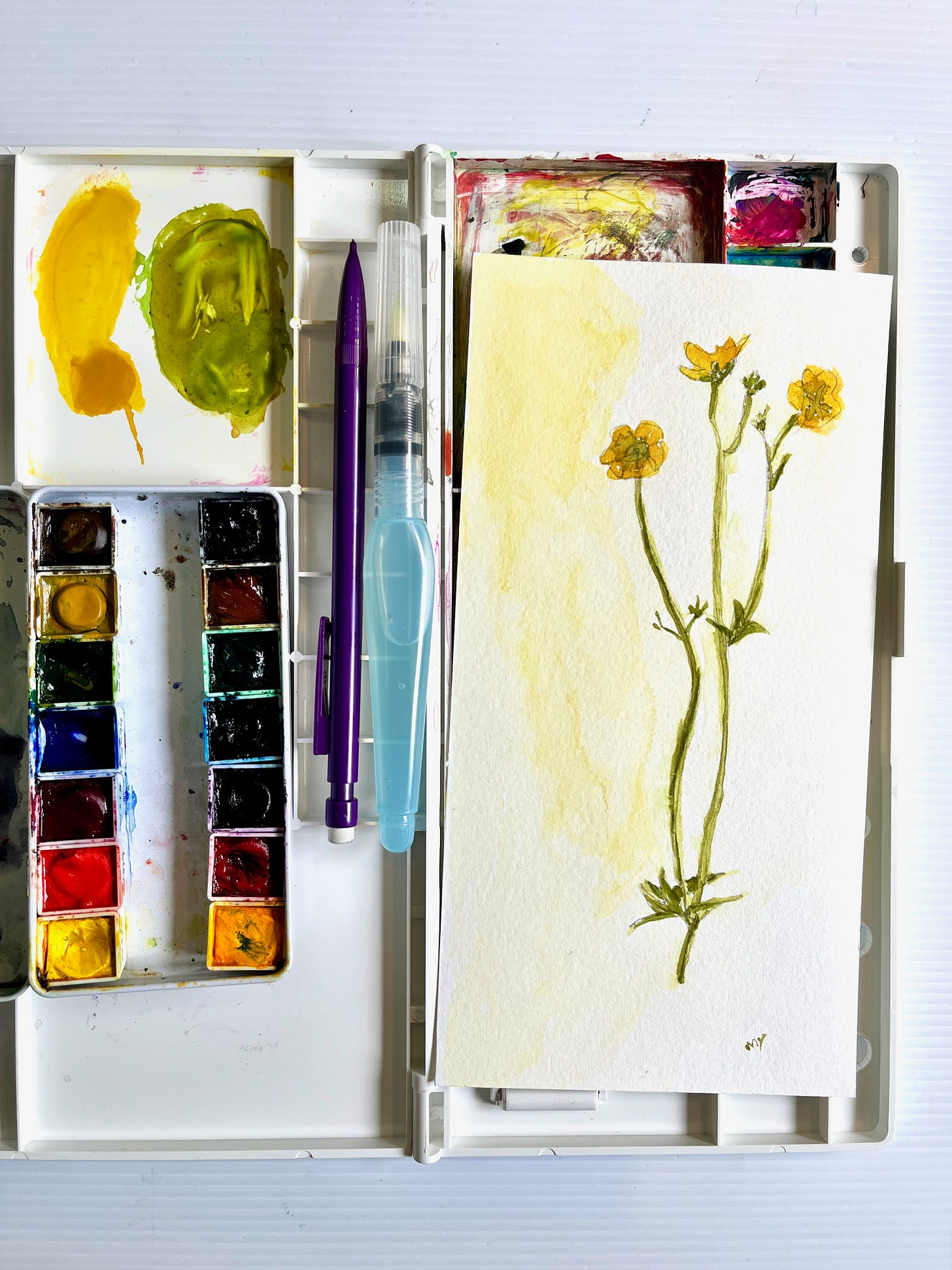image: flat lay of a watercolour sketch with watercolour palette, a brush pen, a pencil (the sketch is of three delicate yellowish colour flowers)