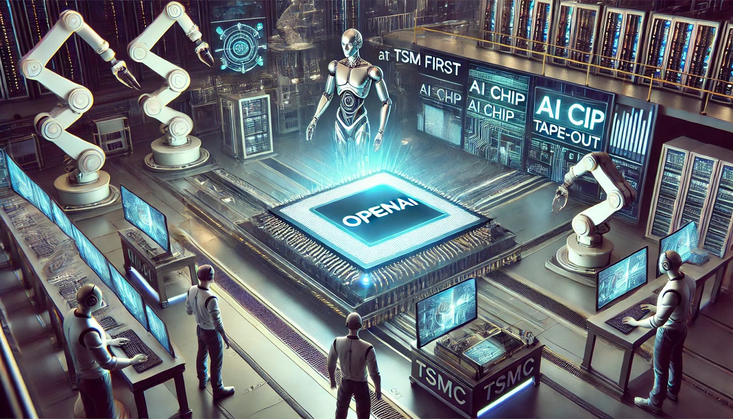 A 16:9 futuristic illustration showcasing OpenAI's first tape-out of its own AI chip at TSMC. The scene features a glowing OpenAI-branded AI chip on a semiconductor wafer, being examined by TSMC engineers in a high-tech fabrication facility. Robotic arms and advanced lithography machines are actively working in the background. Holographic displays showcase real-time performance metrics and production timelines. The atmosphere conveys precision, innovation, and the strategic move to establish AI chip independence.