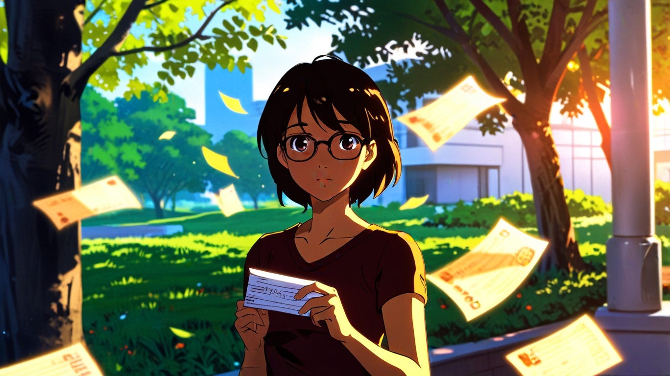 ilustración estilo anime de una mujer que ve su entorno y un montón de notas mágicas vuelan a su alrededor