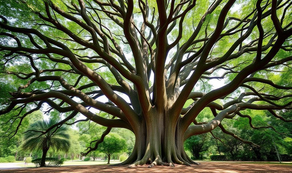 AI generated Banyan tree with lots of branches and green trees in the background