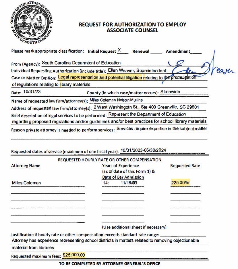 Screenshot of a Request for Authorization to Employ Associate Counsel. Highlighted text reads, "Legal representation and potential litigation related to the promulgation of regulations relating to library materials." Requested rate is $225/hour, requested maximum fees are $25,000.