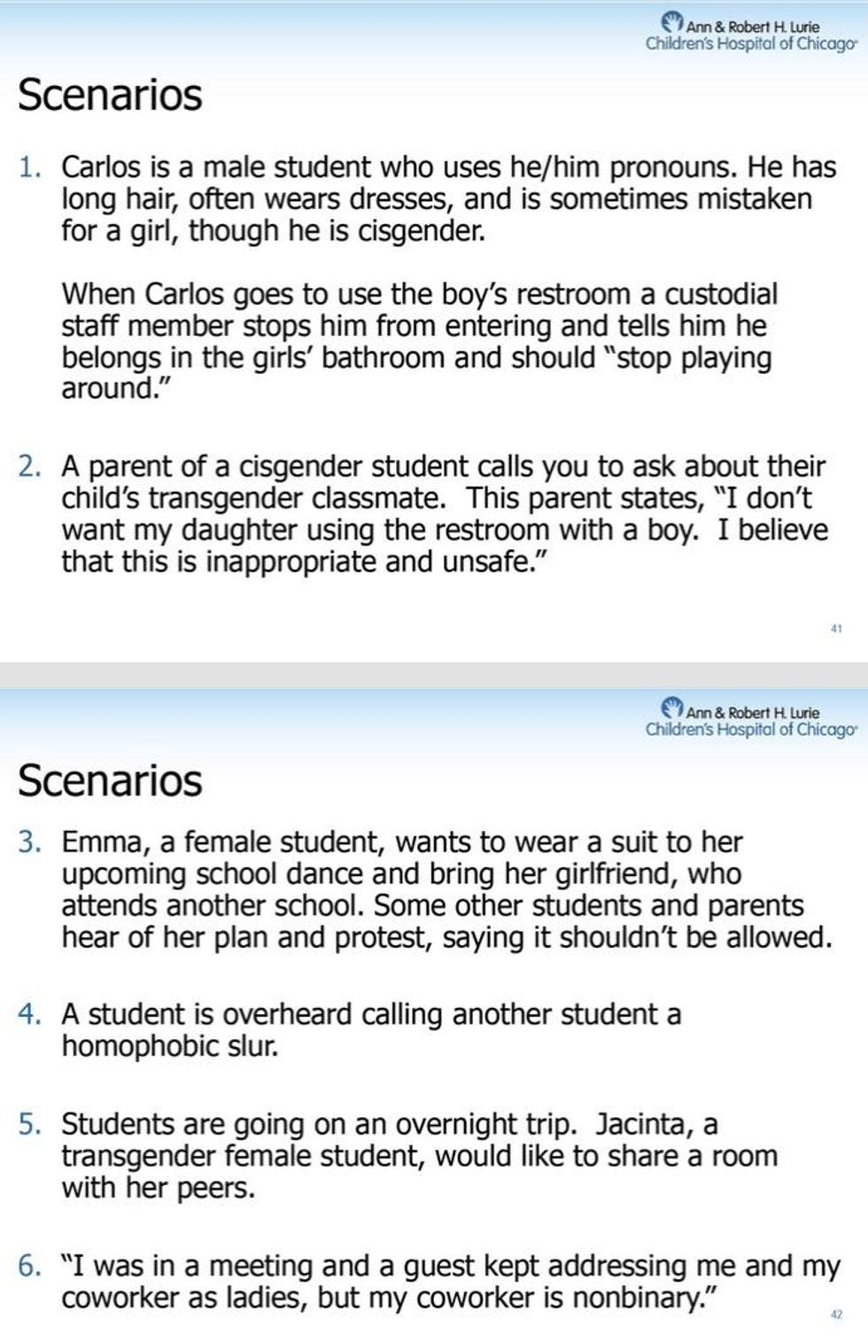Discussion scenarios:  1. Carlos is a male student who uses he/him pronouns. He has long hair, often wears dresses, and is sometimes mistaken for a girl, though he is cisgender.  When Carlos goes to use the boy's restroom a custodial staff member stops him from entering and tells him he belongs in the girls' bathroom and should "stop playing around."  2. A parent of a cisgender student calls you to ask about their child's transgender classmate. This parent states, "I don't want my daughter using the restroom with a boy. I believe that this is inappropriate and unsafe."   3. Emma, a female student, wants to wear a suit to her upcoming school dance and bring her girlfriend, who attends another school. Some other students and parents hear of her plan and protest, saying it shouldn't be allowed.  4. A student is overheard calling another student a homophobic slur.   5 Students are going on an overnight trip. Jacinto, a transgender female student, would like to share a room with her peers.  6. "I was in a meeting and a guest kept addressing me and my coworker as ladies, but my coworker is nonbinary."