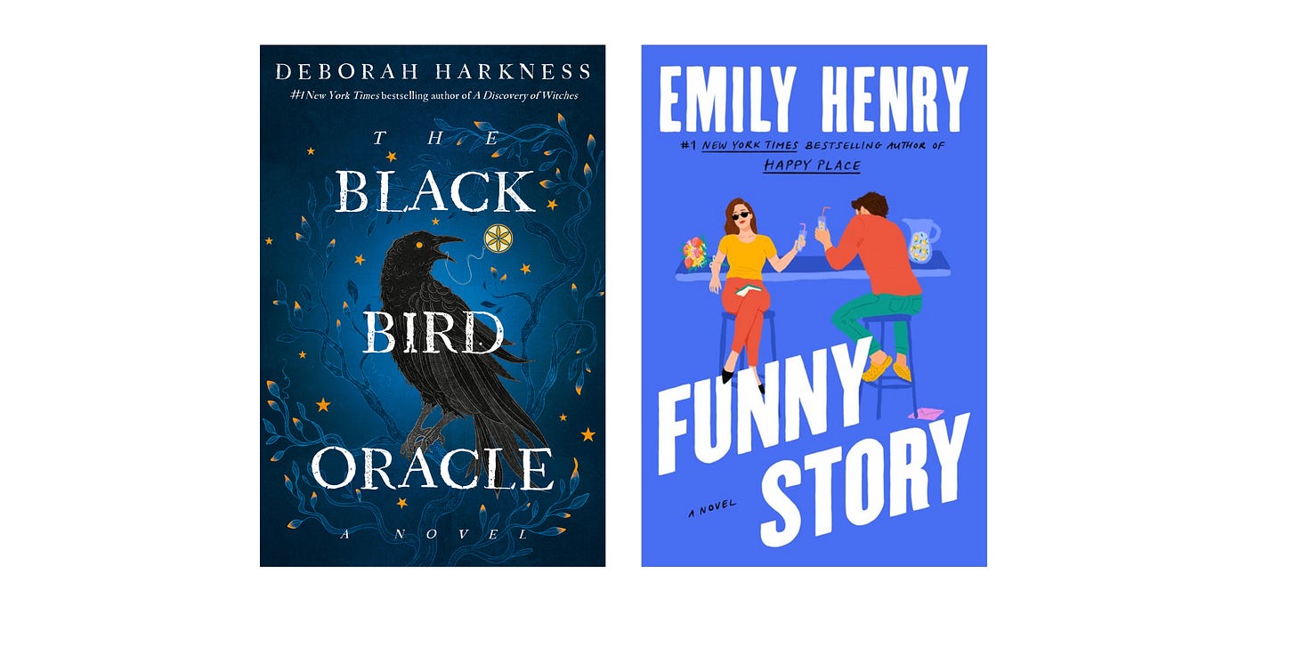 Book cover images for The Black Bird Oracle by Deborah Harkness, and Funny Story by Emily Henry