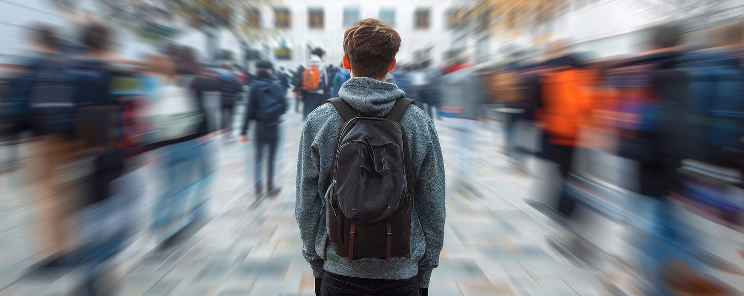 A college student faces a scary, bustling campus.