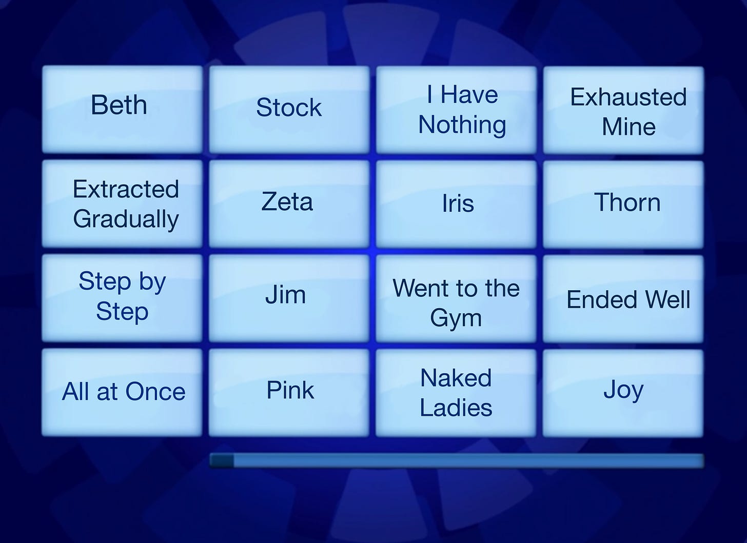 Another grid, with these elements: Beth; Stock; I Have Nothing; Exhausted Mine; Extracted Gradually; Zeta; Iris; Thorn; Step by Step; Jim; Went to the Gym; Ended Well; All at Once; Pink; Naked Ladies; Joy. 