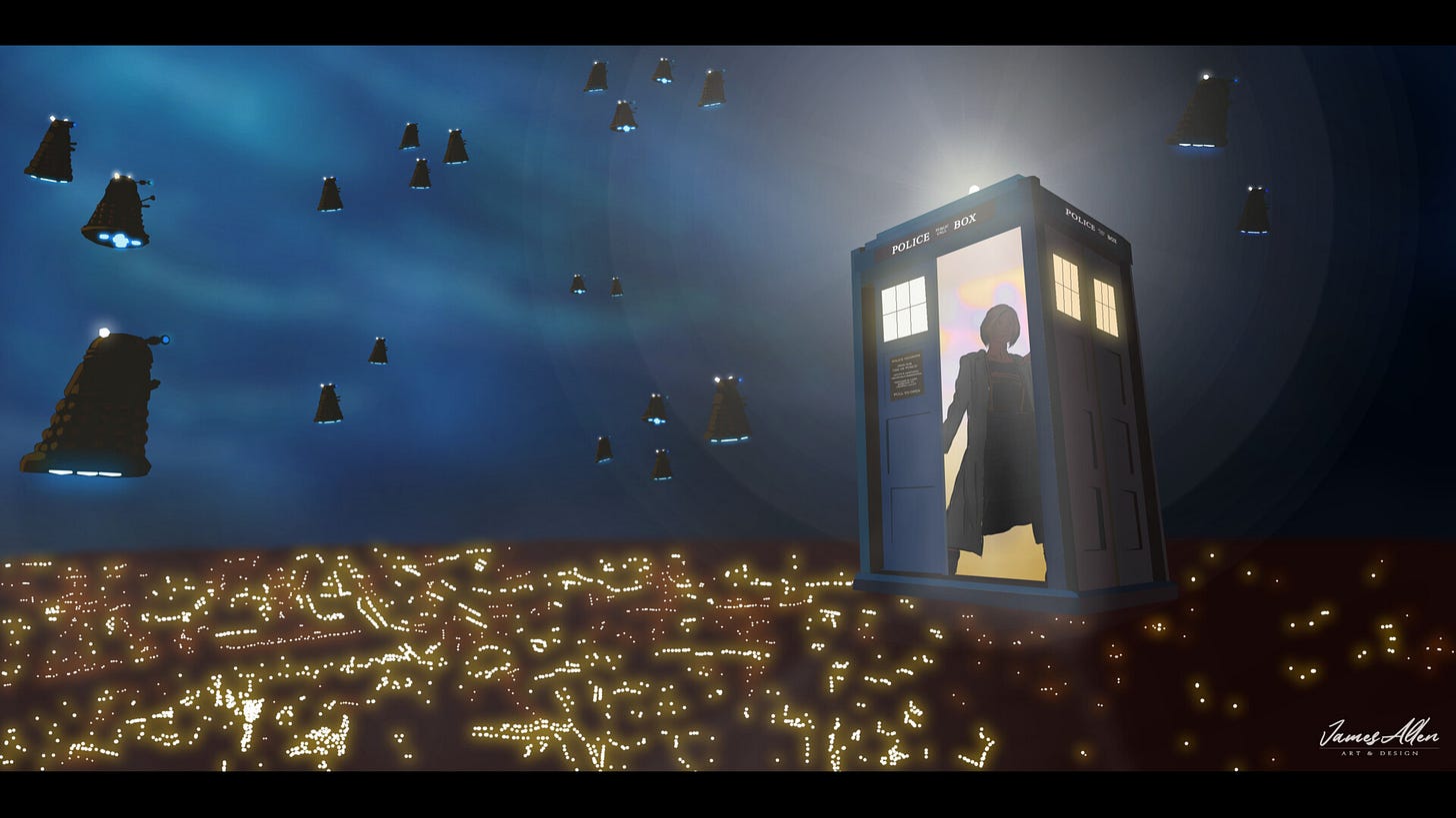This image shows the Thirteenth Doctor (played by Jodie Whittaker) standing in the TARDIS's open doorway as the TARDIS hovers over London, England at the climax of "Revolution of the Daleks" (Doctor Who's 2021 New Year's Day Special). Numerous Daleks swarm the air around her and her timeship. This image shows the Thirteenth Doctor (played by Jodie Whittaker) standing in the TARDIS's open doorway as the TARDIS hovers over London, England at the climax of "Revolution of the Daleks" (Doctor Who's 2021 New Year's Day Special). Numerous Daleks swarm the air around her and her timeship.