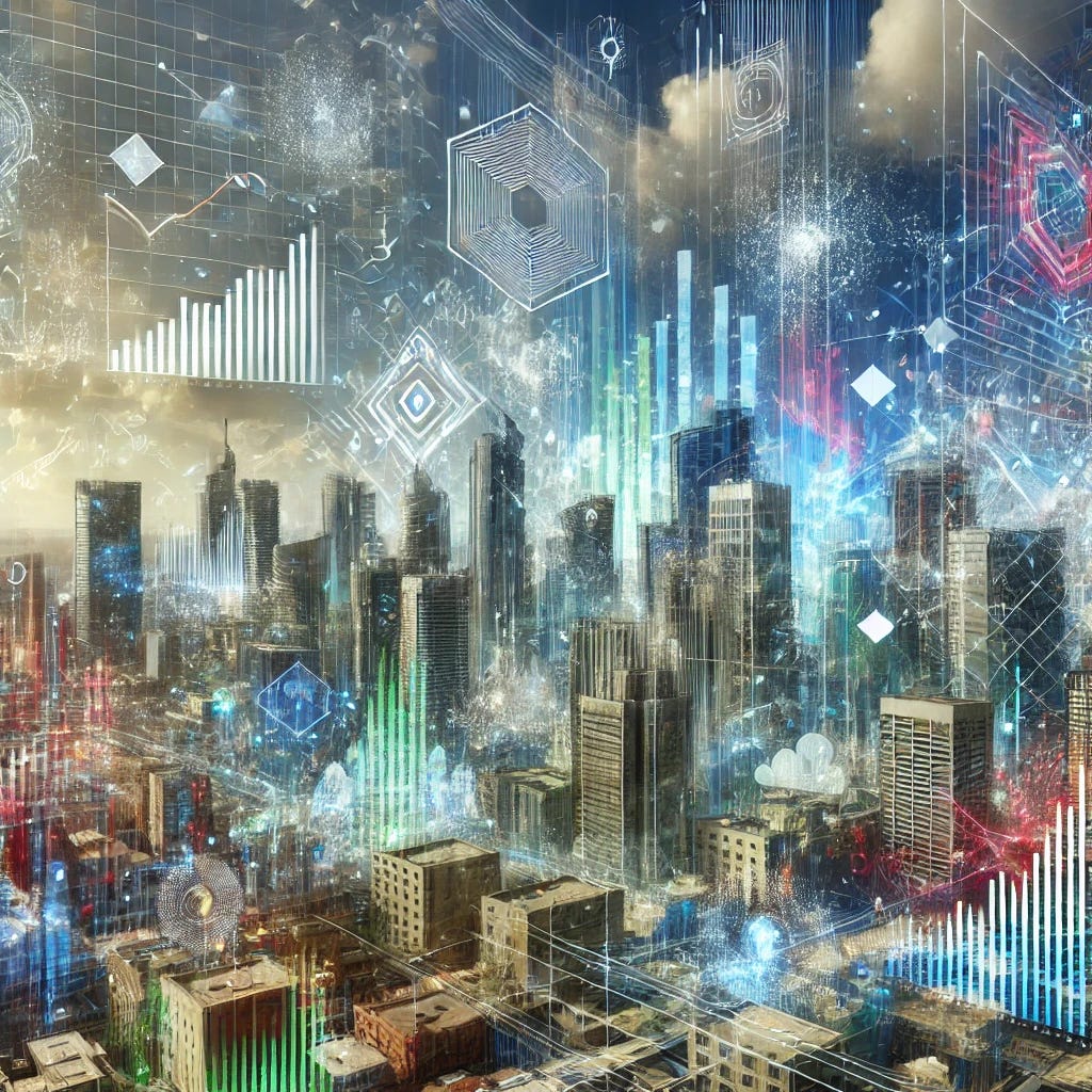A futuristic cityscape with shifting elements representing change and transformation in the market. Buildings that appear to be morphing, with digital data and charts floating in the air. Some parts of the city are vibrant and bustling, while others are in a state of disrepair, symbolizing what works and what doesn't. A contrast of old and new technologies, with holograms and modern infrastructure interwoven with older, decaying structures. The sky is filled with abstract patterns that suggest change, illustrating the theme of market evolution and upheaval.