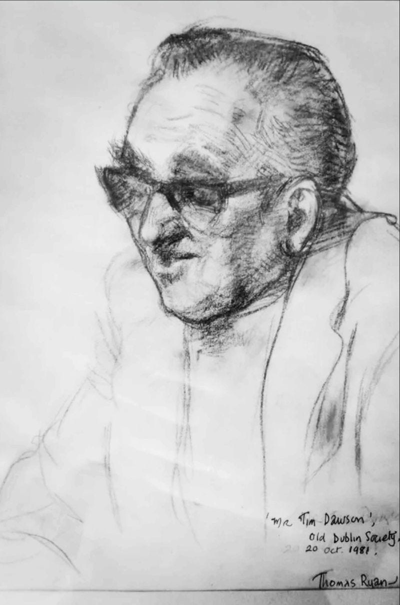 A black and white sketch of an elderly gentleman with glasses on