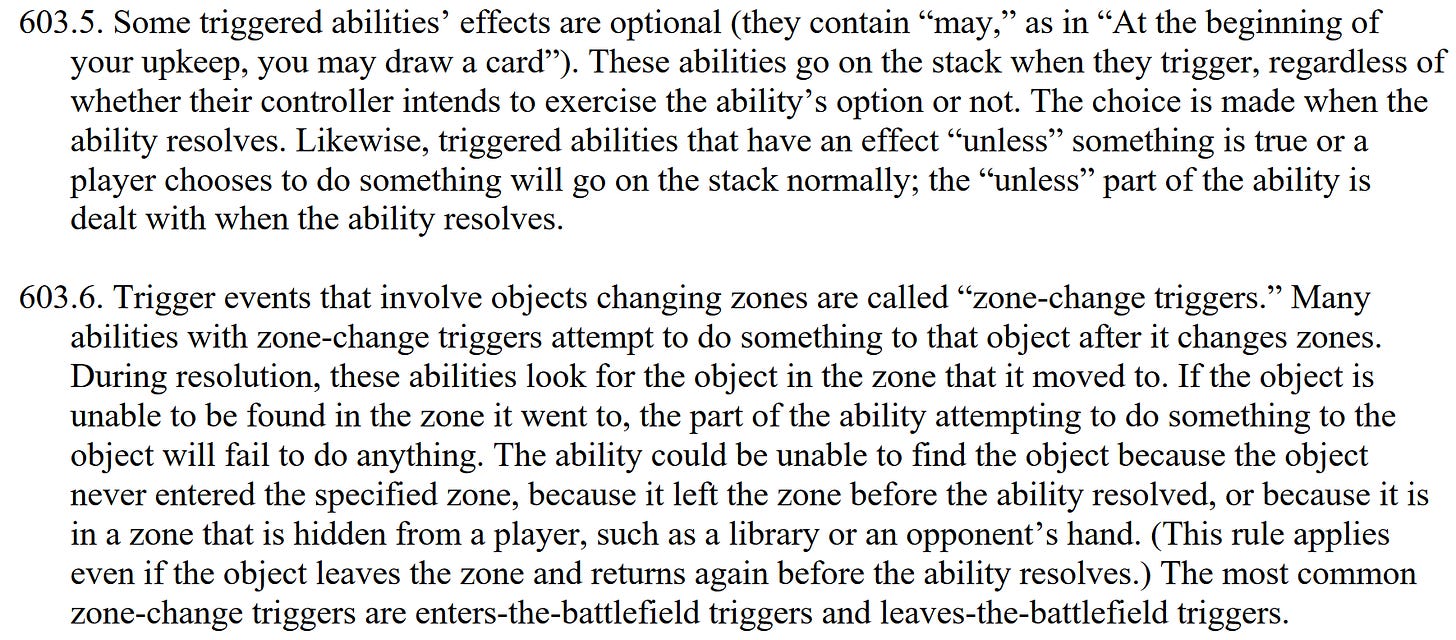 Magic: the Gathering comprehensive rules 603.5, concerning triggered abilities with optional effects, and 603.6, concerning trigger events that involve objects changing zones. Each is a paragraph long.