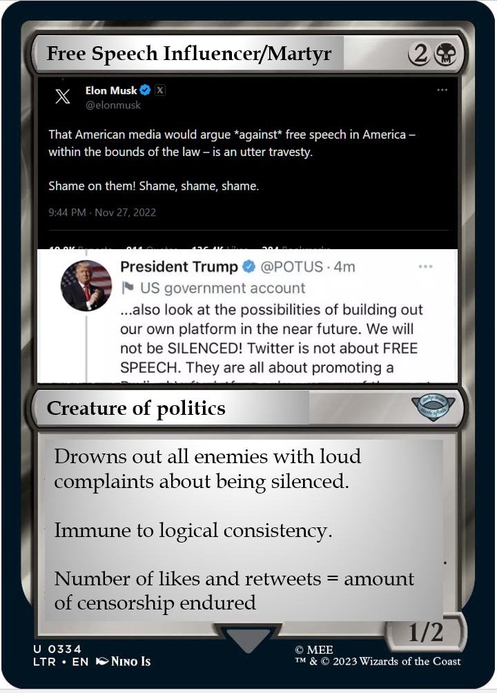 A spoof of a Magic: The Gathering card titled "Free-Speech Influencer/Martyrs" with images of tweets by Elon Musk and Donald Trump.