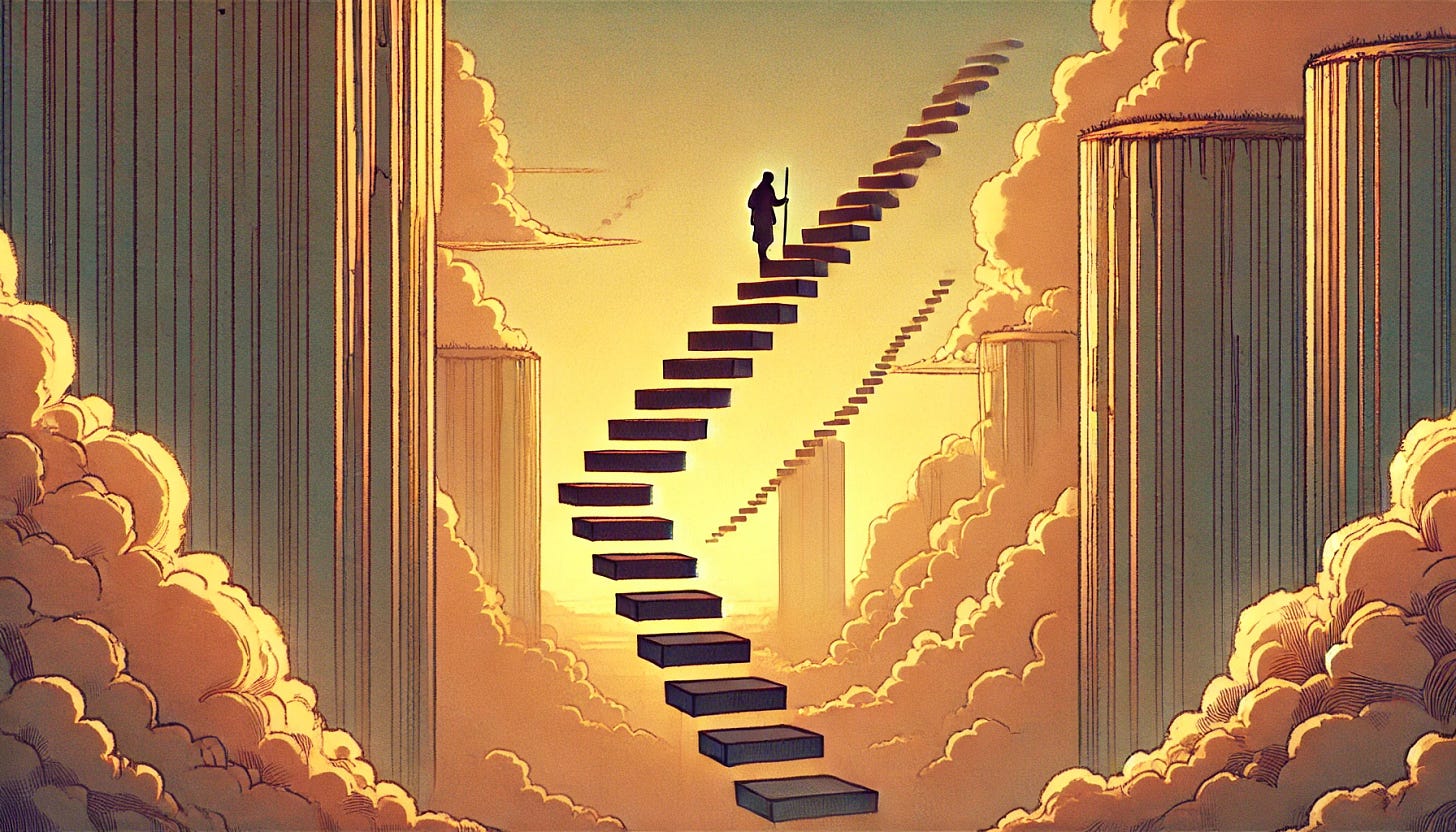 A lone figure ascends a floating staircase that stretches between two towering cliffs, symbolizing personal and professional growth. The staircase consists of only 6 or 7 large steps, each bathed in warm golden light, fading into the horizon, evoking a sense of progression and ambition. The scene is set against a dreamy sunset sky, with soft, billowing clouds reflecting the warm hues of dusk. The figure walks with quiet determination, silhouetted against the vast landscape, carrying a simple staff as a symbol of balance and resilience. Below, the cliffs drop into an endless mist, reinforcing the idea that each step forward is a leap of faith in one's journey toward mastery. The composition is minimalist yet powerful, emphasizing the theme of structured growth with an ethereal, cinematic quality. The entire scene is rendered in a hand-drawn cartoon style, with soft, sketch-like lines and warm, painterly textures.
