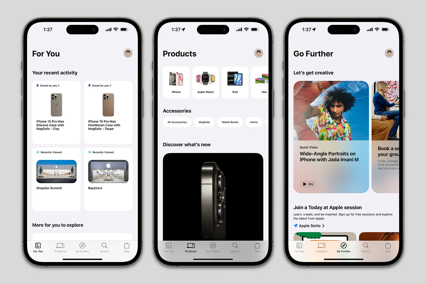 Three screenshots of the new Apple Store app.