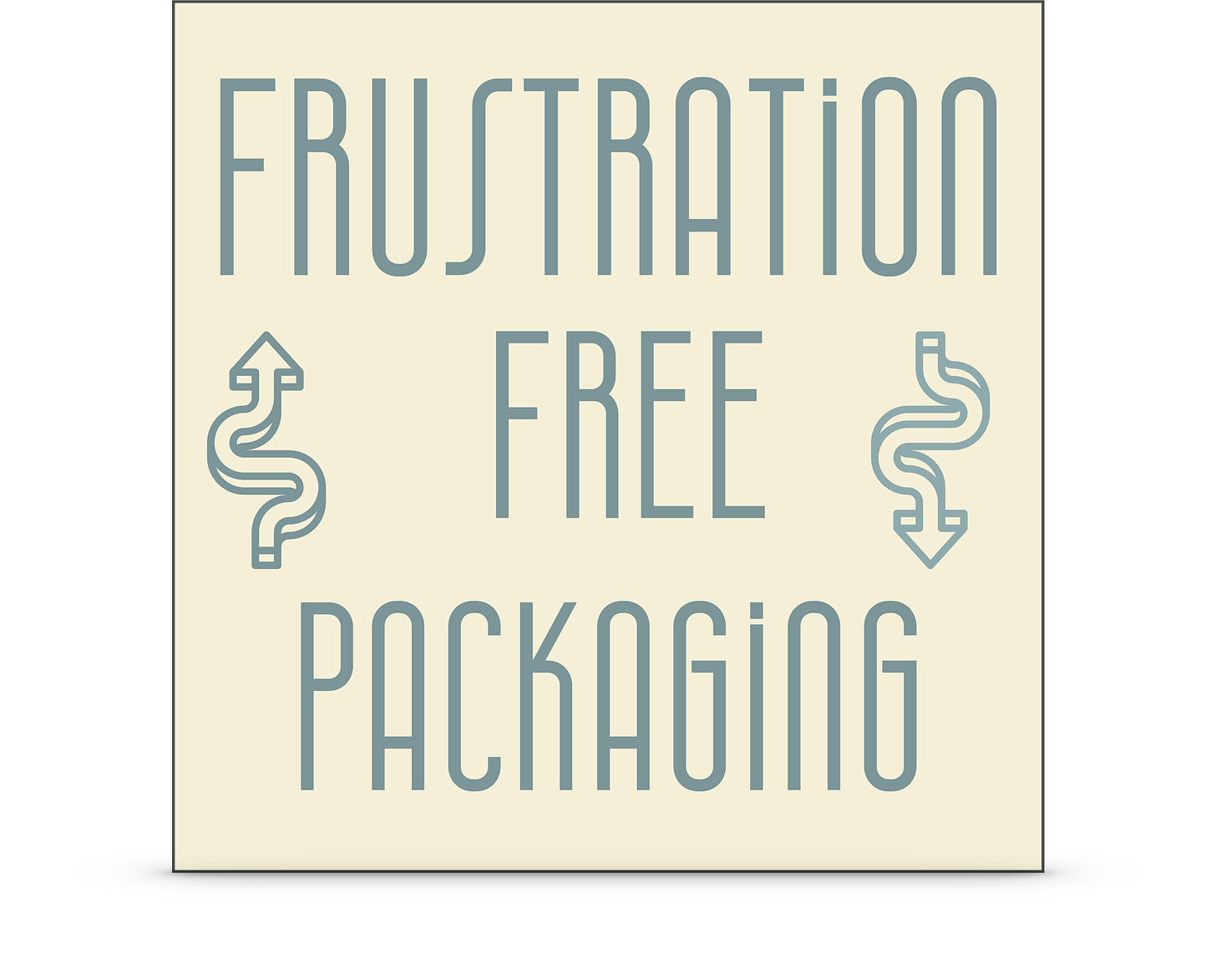 banne graphic reading "Frustration Free Packaging" with two wavy lines, one pointing up, one pointing down