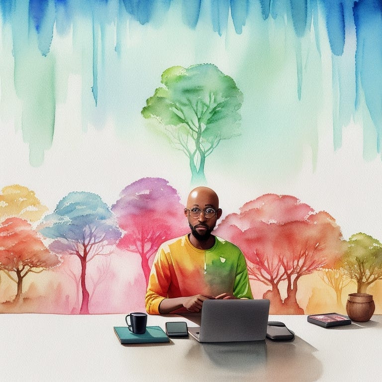 An bald African man sits in the middle of a technicolor forest, illuminated by the glow of his laptop as he codes in a mesmerizing array of watercolor shades.