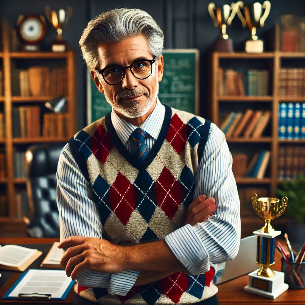 An older academic professor with a smug expression, wearing an argyle sweater vest over a dress shirt. The professor has gray hair and a confident, superior attitude, standing in a university office with bookshelves full of academic books and awards. His posture is slightly arrogant, with one hand holding a book and the other adjusting his glasses. The background features a desk with papers and a laptop, creating a scene that conveys intellectual arrogance and self-importance.