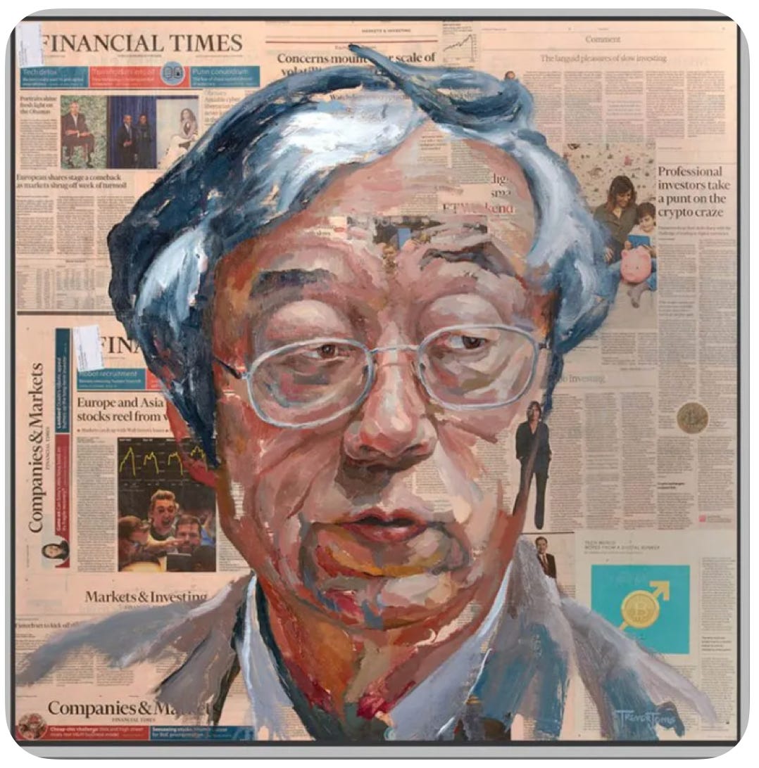 a painting of Satoshi Nakamoto painted on The Financial Times by Trevor Jones