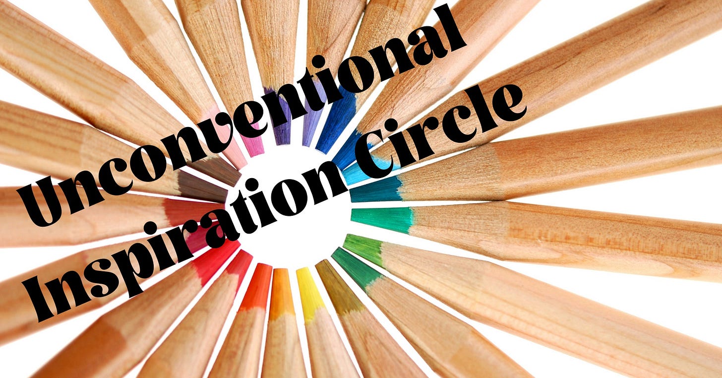 Colored pencils coming together in a circle with "Unconventional Inspiration Circle"