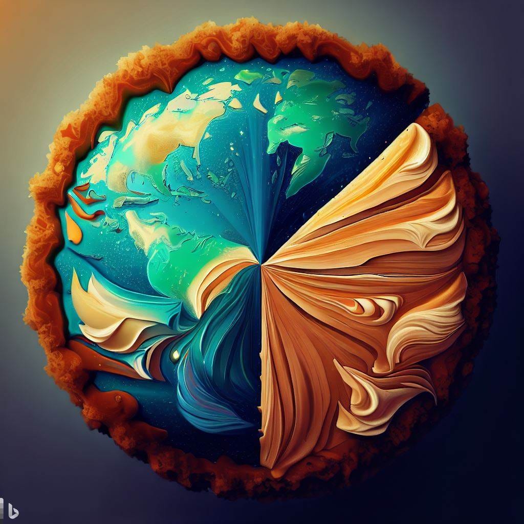 a pie decorated like earth, but it's split into two colors 75/25; digital art