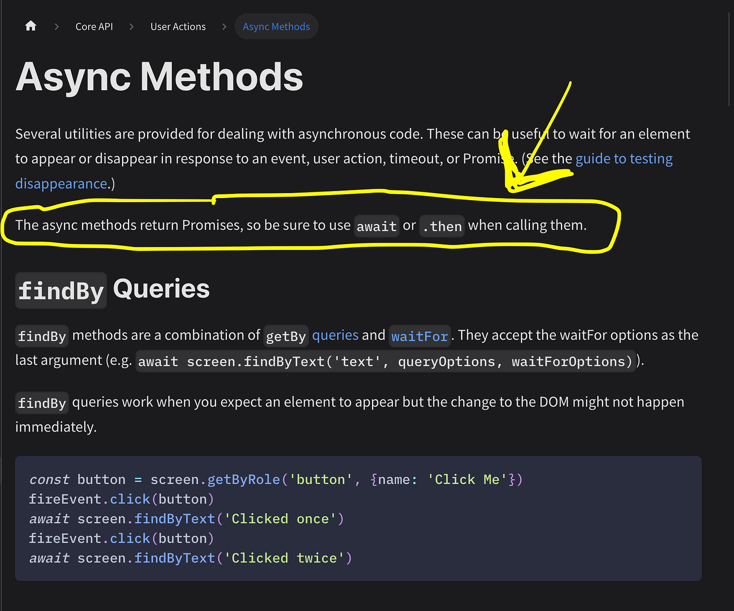 The async methods return Promises, so be sure to use await or .then when calling them.