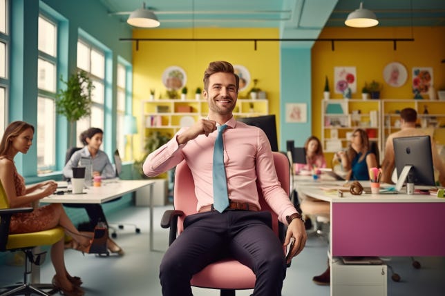 A guy in a rose office chair feeling in the great mood at work
