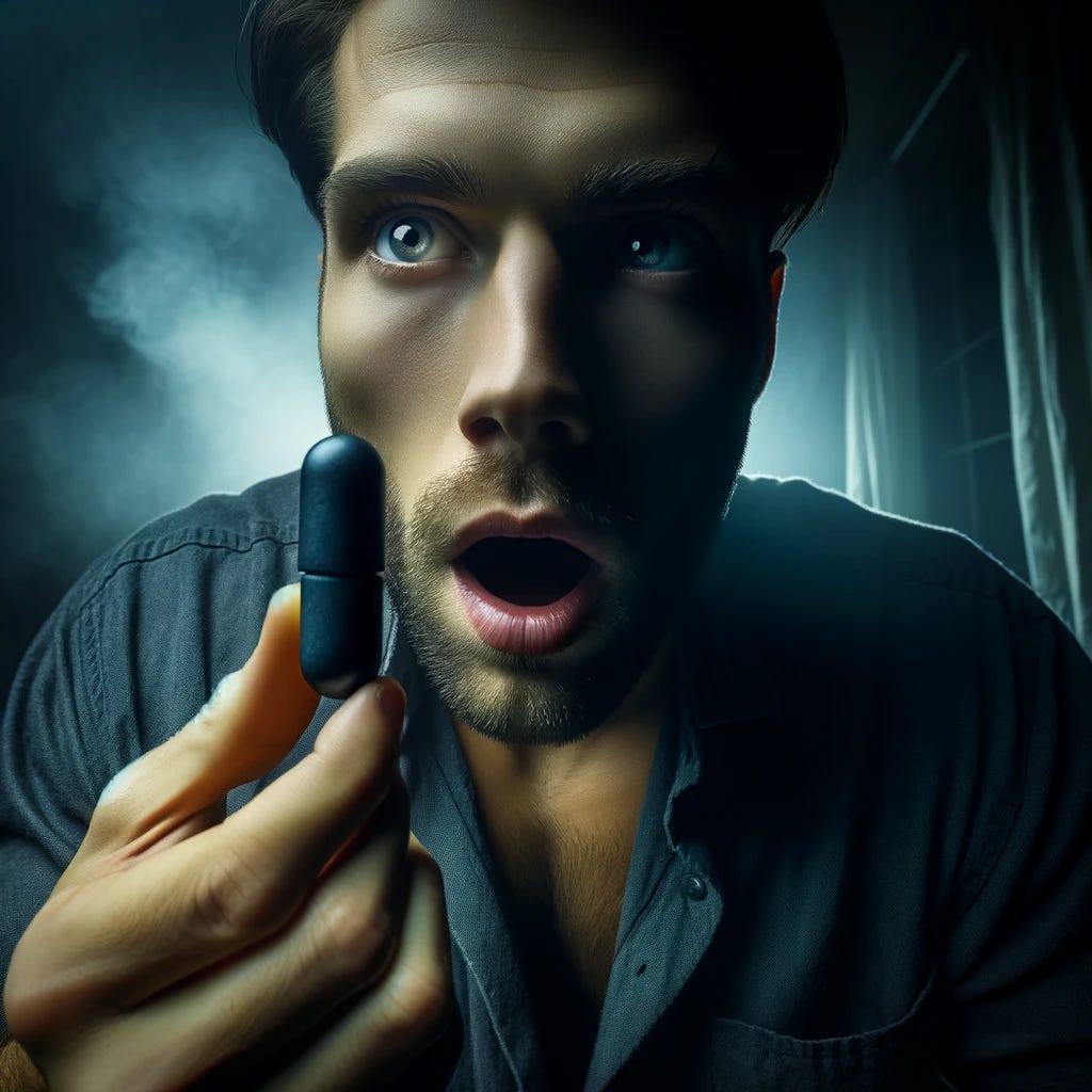 A man in a dimly lit room, with a look of trepidation on his face, holding an unusually large, ominous black pill between his fingers. He is about to swallow the pill, his mouth slightly open in anticipation. The room is shrouded in shadows, adding to the mysterious and uneasy atmosphere. The man is dressed in casual attire, and his expression conveys a mix of curiosity and fear.